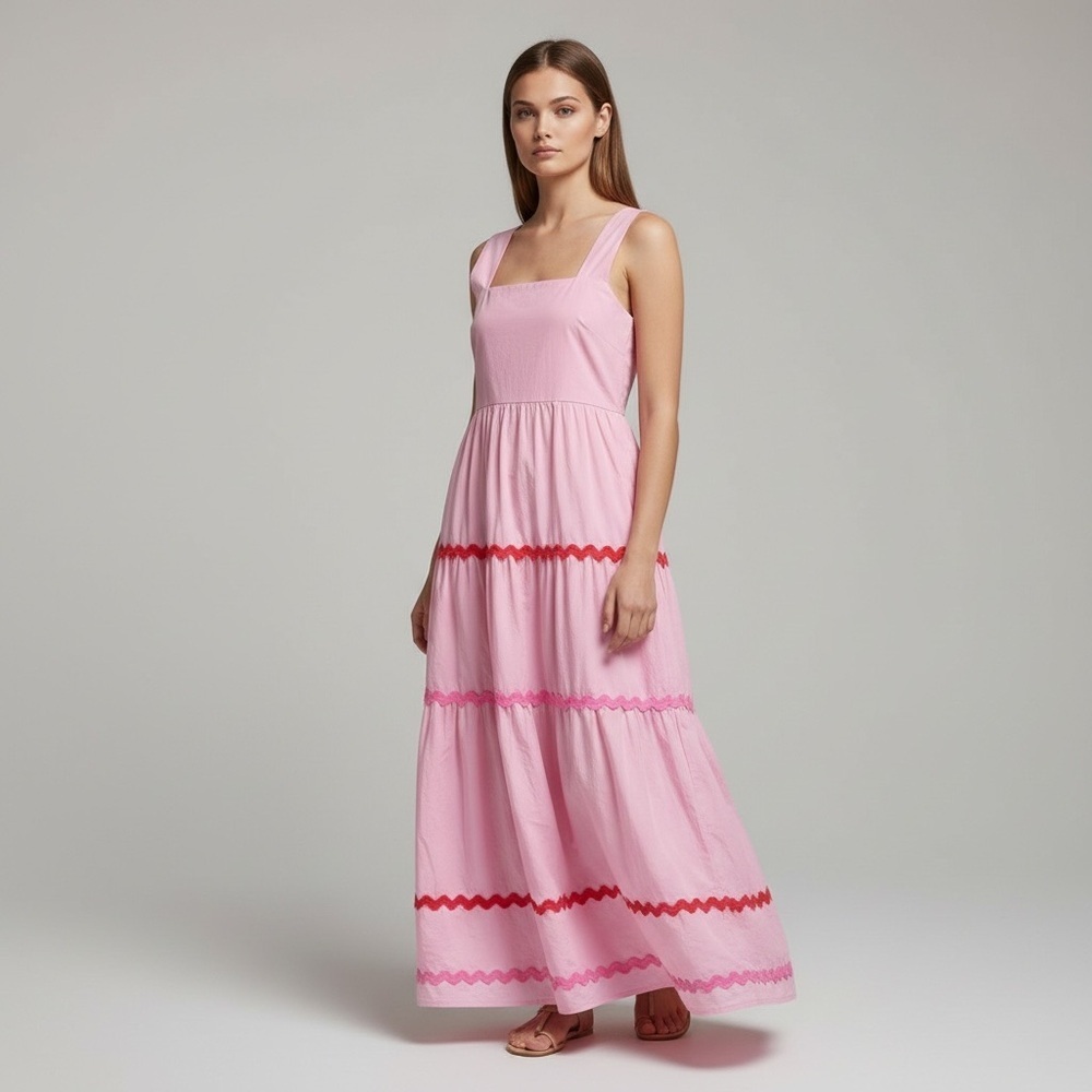 🌻Day + Moon Pink Ric Rac Embroidered Midi Length Dress Size Large - Picture 2 of 11